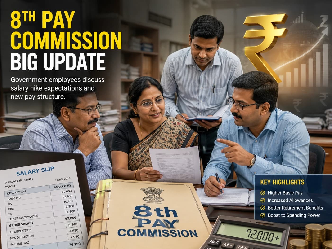 Central Government employees awaiting 8th Pay Commission salary revision amid demand to increase minimum basic pay from ₹18,000 to ₹72,000