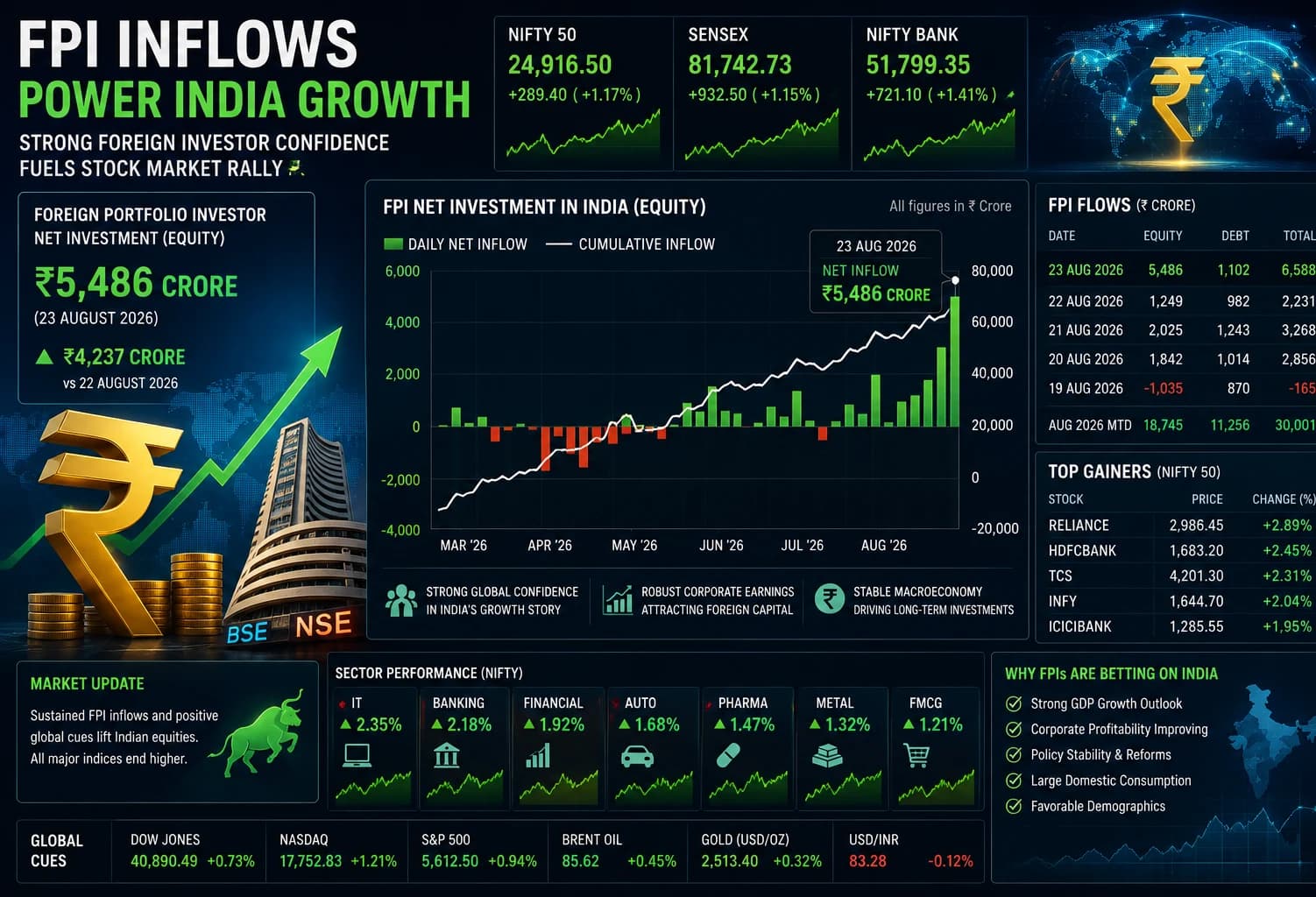 Foreign investors pouring money into Indian stock market as FPI inflows rise in August 2026