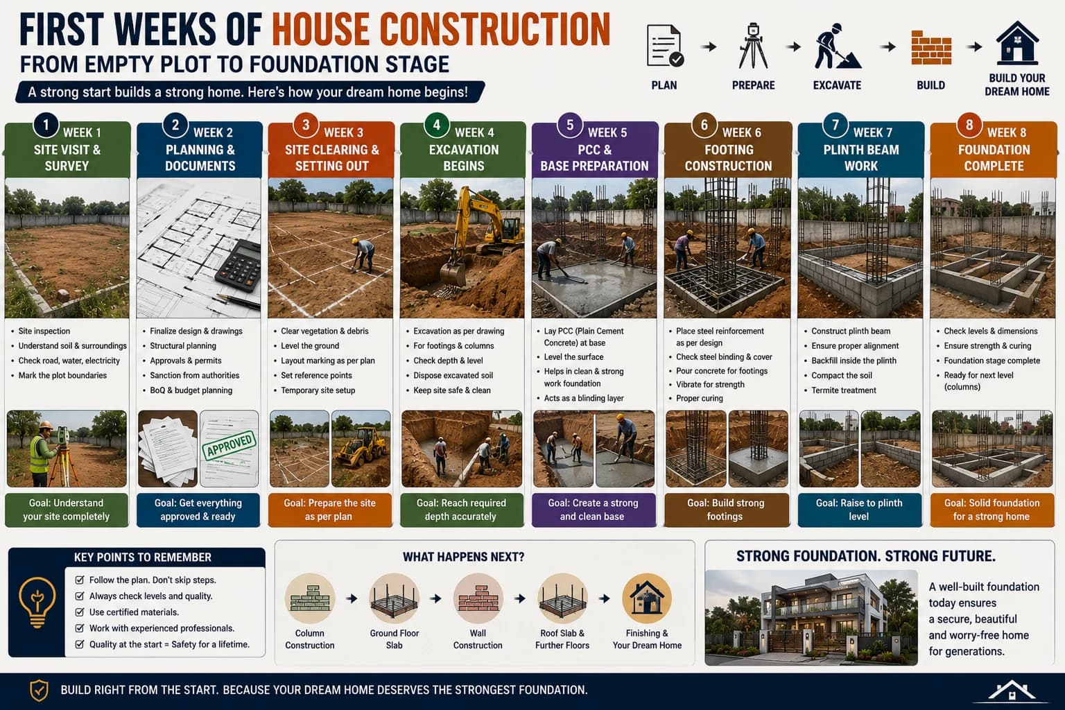 First weeks of house construction from empty plot to foundation stage